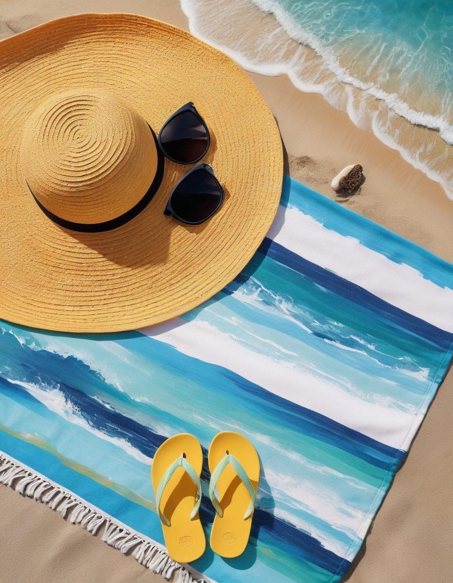 A stylish beach scene showcasing a variety of fashionable swimwear and accessories laid out on a colorful beach towel. Include a sunhat, sunglasses, flip-flops, and a beach bag filled with essentials, alongside an inviting ocean view and bright blue sky. Capture the vibe of a sunny day at the beach, with playful waves and gentle sand. super-realistic. vibrant colors. warm tones.